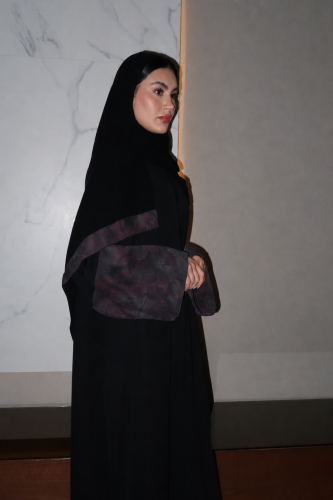 A Line Abaya, Black Crepe with Purple Wide Sleeves