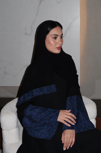 A Line Abaya, Black Crepe with Blue Wide Sleeves
