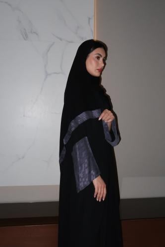 A Line Abaya, Black Crepe With Lavender Wide Sleeves