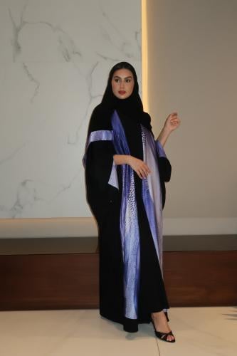 Half Bisht Abaya, Black Crepe In Purple Printed Silk