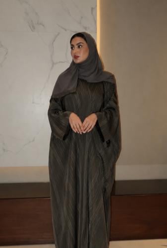 Half Bisht, Crepe Abaya In Olive Green Striped
