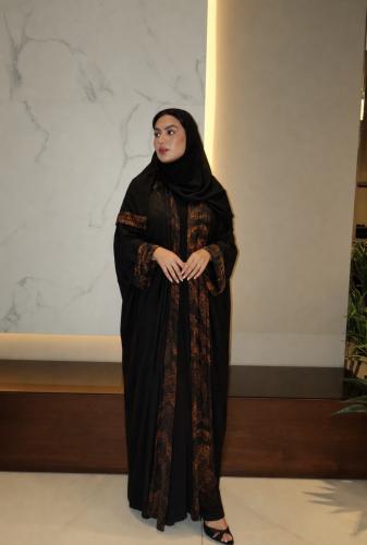 Half Bisht Abaya, Black Chiffon in Orange Print Chiffon