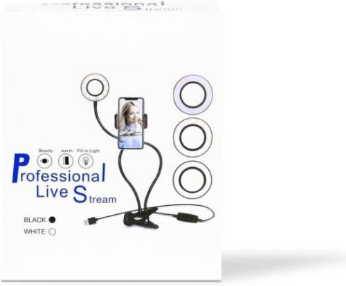 حامل هاتف مع حلقة إضاءة LED للتصوير والبث المباشر – تصميم احترافي متعدد الوظائف باللون الأبيض