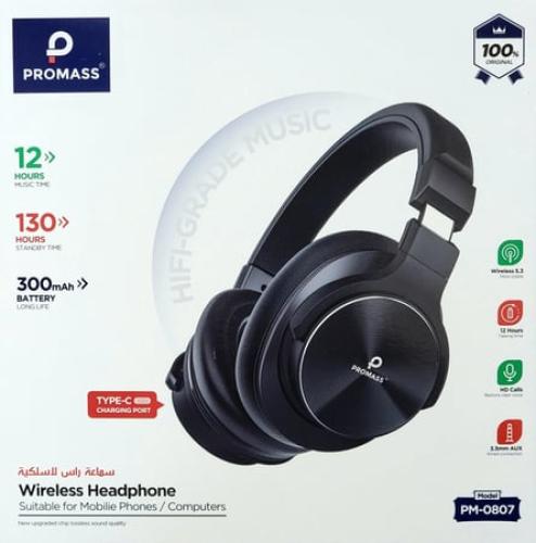 سماعة رأس لاسلكية PROMASS PM-0807 بجودة HiFi ومدة تشغيل 12 ساعة مع شحن USB-C