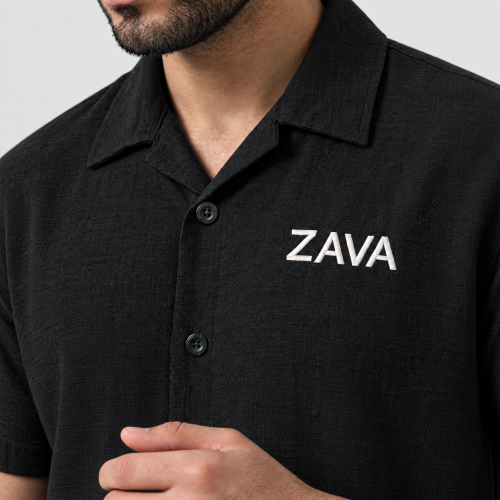 قميص رجالى اسود 100% بوليستر خفيف أكمام قصيرة، وشعار ZAVA على الصدر
