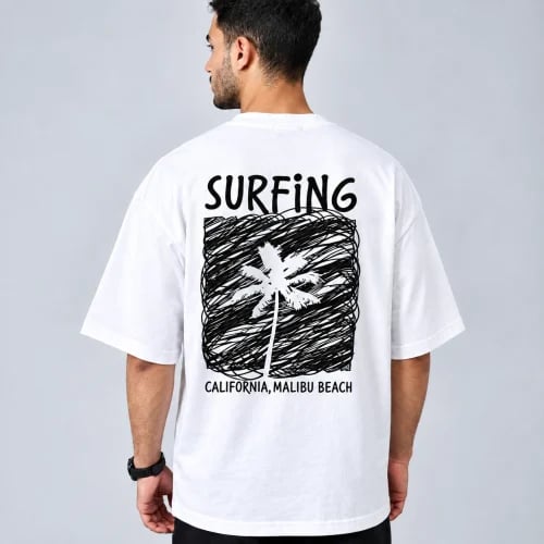 تيشرت رجالي صيفي ابيض اوفر سايز بطبعة "Surfing" السوداء الأمامية والخلفية، خامة قطن 75% وبوليستر 25%