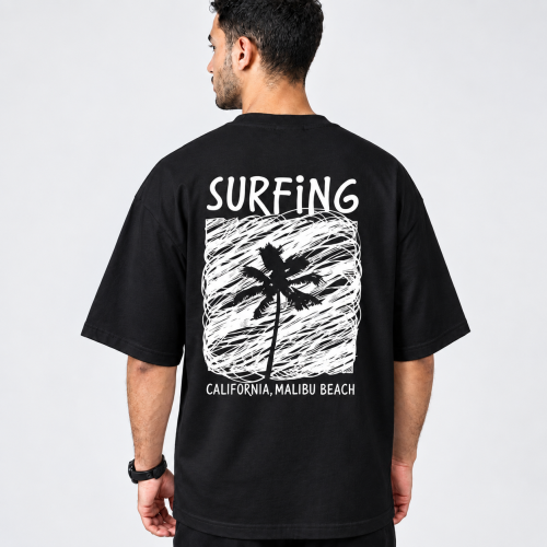 تيشرت صيفي رجالي اسود اوفر سايز أوفرسايز بطبعة "Surfing" السوداء الأمامية والخلفية، خامة قطن 75% وبوليستر 25%
