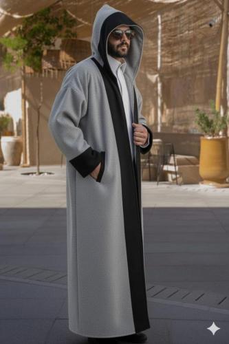 فروة رجالية دبل فيس مع الوشاح لون رصاصي و اسود