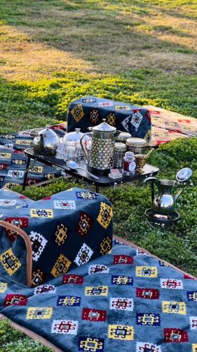 طقم 4 مدات ارضيه للبر مبطنة مع مراكي - نقشة رصاصي