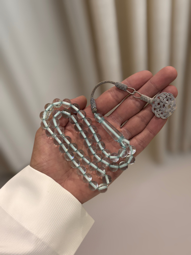 سبحة بكلايت شفاف خيط تركوازي طربزونة نحاس رمادية