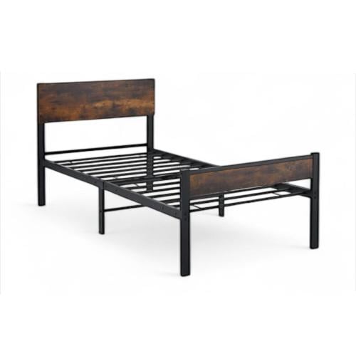 سرير حديد معدني مع لوح خشبي، إطار سرير مفرد، بني و...