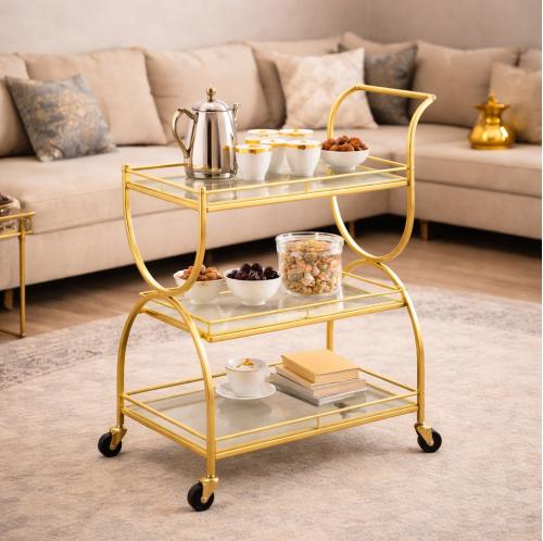 عربة ضيافة لون ذهبي متعددة الاستخدام -ب2 أرفف وعجل...