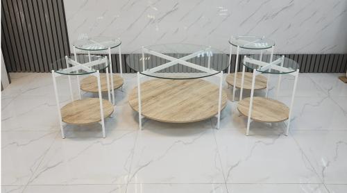 طقم طاولات دائري بسطح زجاج لون أبيض*خشبي مقدم لكم...