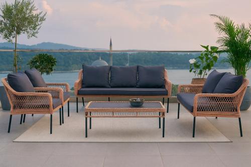 طقم جلسة خارجية فاخر 5 قطع لون بيج-اسود | كنب حدائ...