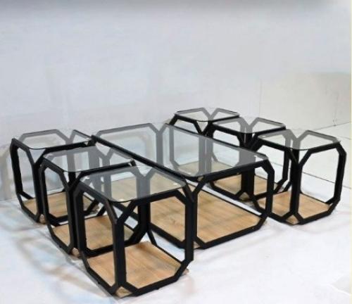 طقم طاولات شاي مودرن خشب سطح زجاج 7 قطع لون بيج من...