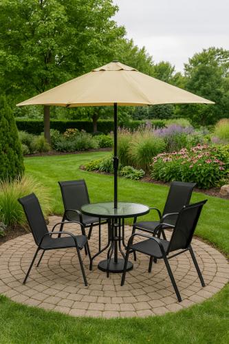 طقم جلوس خارجي مع مظلة وطاولة زجاجية وأربعة كراسي...