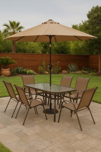 طقم جلوس خارجي مع مظلة وطاولة زجاجية و6 كراسي لون...