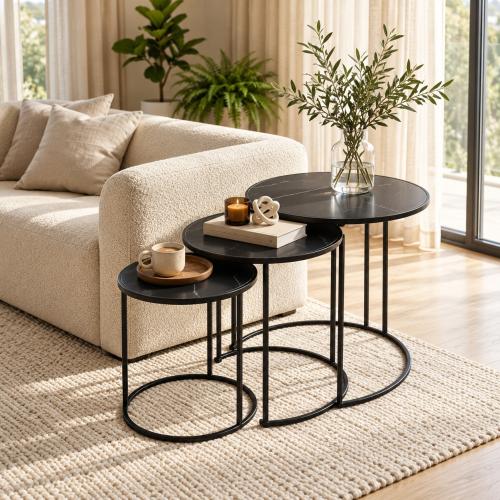 طقم طاولات ديكور متداخلة 3 قطع بالأسود الفاخر – روعة التصميم وجمال التفاصيل.