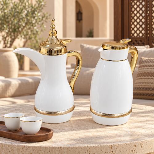 طقم ترامس ضيافة أبيض وذهبي ملكي
