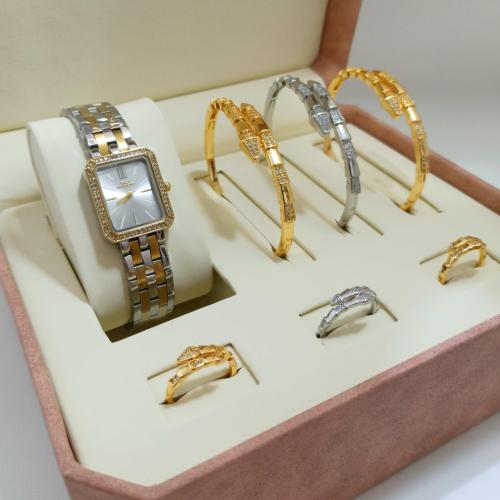 طقم نسائي 3 اساور مع 3 خواتم زركون وساعة فاخرة من...