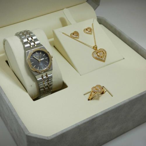 طقم نسائي ساعة وسلسال وخاتم زركون