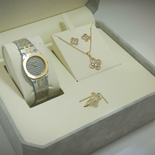 طقم نسائي ساعة وسلسال وخاتم زركون