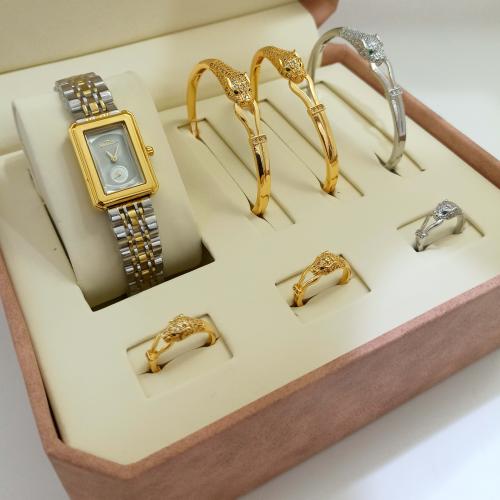 طقم نسائي 3 اساور مع 3 خواتم زركون وساعة فاخرة من...