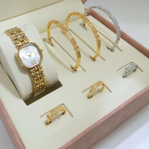 طقم نسائي 3 اساور مع 3 خواتم زركون وساعة فاخرة من...