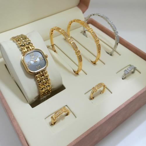 طقم نسائي 3 اساور مع 3 خواتم زركون وساعة فاخرة من...
