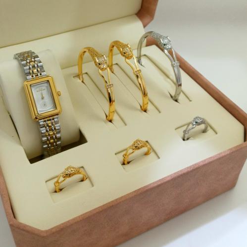 طقم نسائي 3 اساور مع 3 خواتم زركون وساعة فاخرة من...