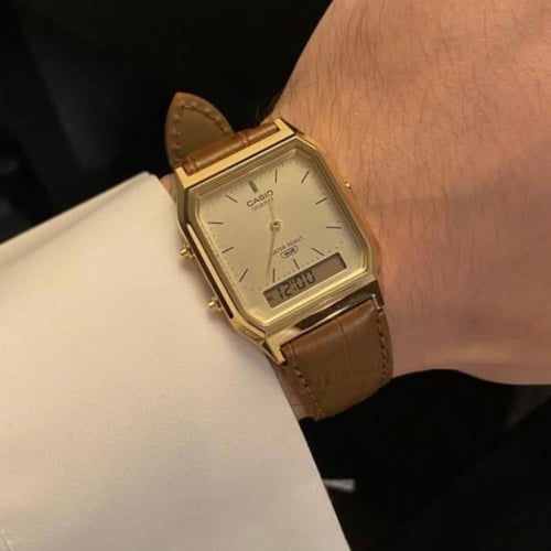 ساعة كاسيو فنتج توقيتين - جلد بني