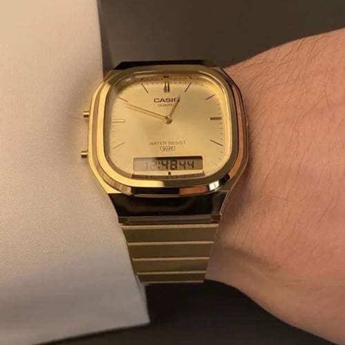 ساعة كاسيو - عرض تناظري ورقمي - ذهبي