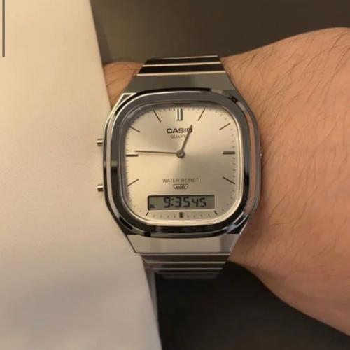 ساعة كاسيو - عرض تناظري ورقمي - ابيض