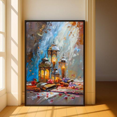 لوحة قماشية بتصميم شهر رمضان المبارك مع برواز مجوف