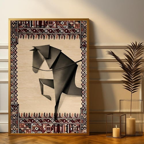 لوحة قماشية بتصميم الفن التجريدي بتصميم حصان مع بر...