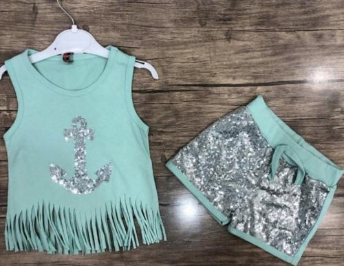 طقم بلوزة وشورت ترتر بناتي لون تيفاني