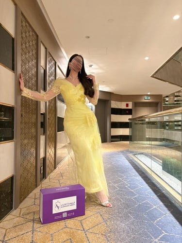 فستان اصفر سهرة دانتيل انيق