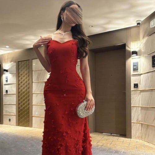 فستان سهرة طويل أحمر بتطريز زهور ثلاثية الأبعاد -...