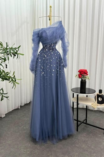 فستان سهره أوف شولدر مزين بالكرستال بعدة الوان