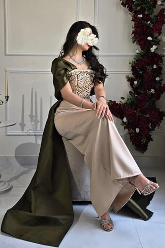 فستان سهره توب بأكمام مزين بالكرستال لون بيج و زيت...