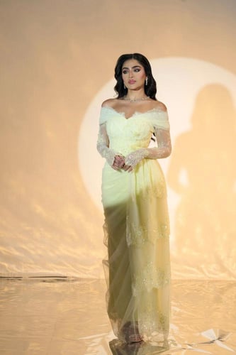 فستان اصفر سهرة دانتيل انيق