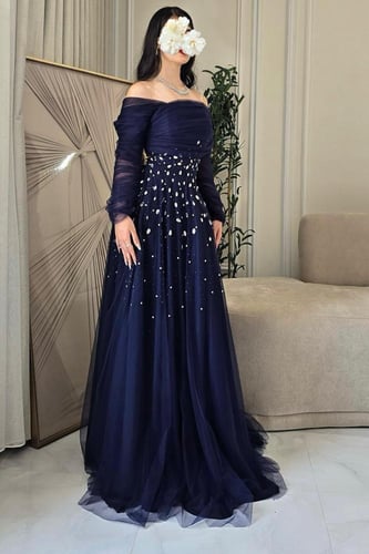 فستان سهره أوف شولدر مزين بالكرستال بعدة الوان