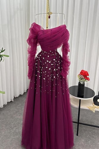 فستان سهره أوف شولدر مزين بالكرستال بعدة الوان