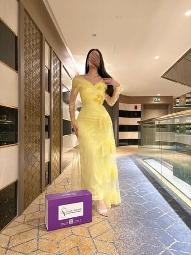 فستان اصفر سهرة دانتيل انيق