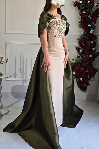 فستان سهره توب بأكمام مزين بالكرستال لون بيج و زيت...