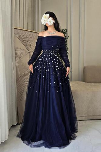 فستان سهره أوف شولدر مزين بالكرستال بعدة الوان