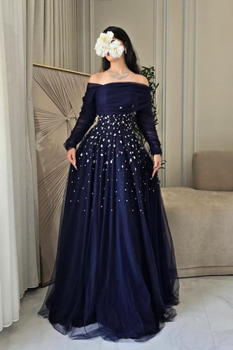 فستان سهره أوف شولدر مزين بالكرستال بعدة الوان