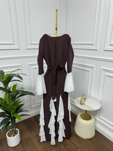 فستان سهرة بني _كريستال يدوي