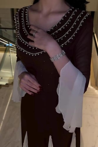 فستان سهرة بني _كريستال يدوي