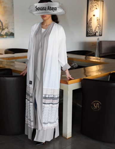 عباية قماش لينن بحريني بتطريز رمادي والوان ناعمة